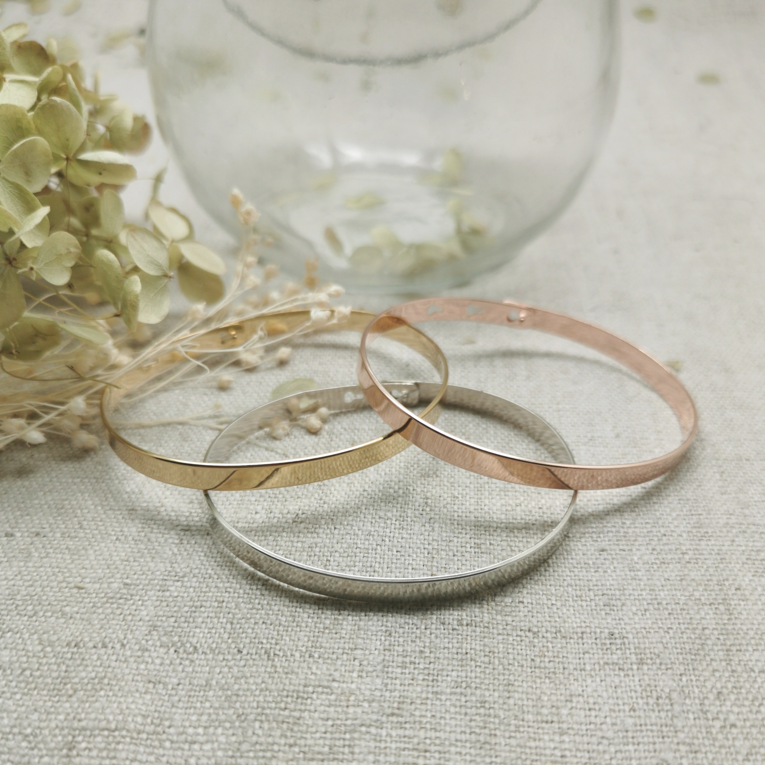 Bracelet jonc Argent ou Plaqué Or - taille : Adulte, Finition : Plaque Or, Gravure : Gravure recto verso