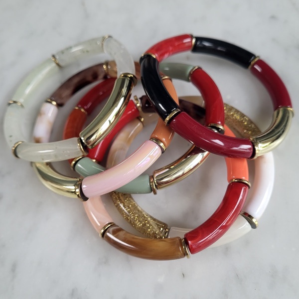 Bracelet perles tubes colorées sur lien élastique - couleur : col 2