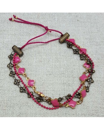 bracelets multirangs 3 chaînes colorées rose fushia