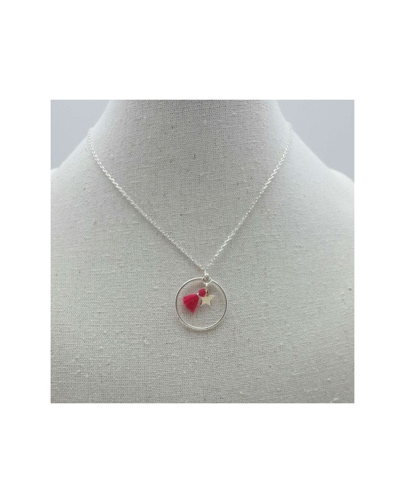 Collier Anneau Argent avec mini breloque et mini pompon