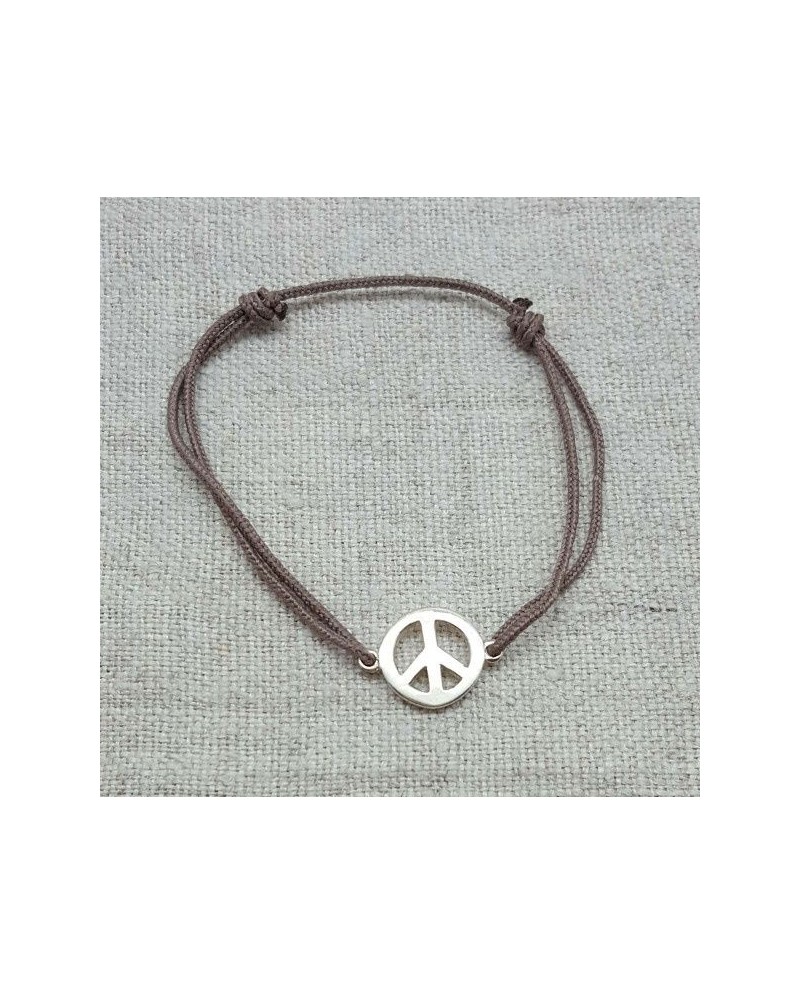 Bracelet Peace and Love argent sur lacet coton fin