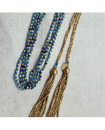 Sautoirs double perles naturelles coloris doré et bleu nuit