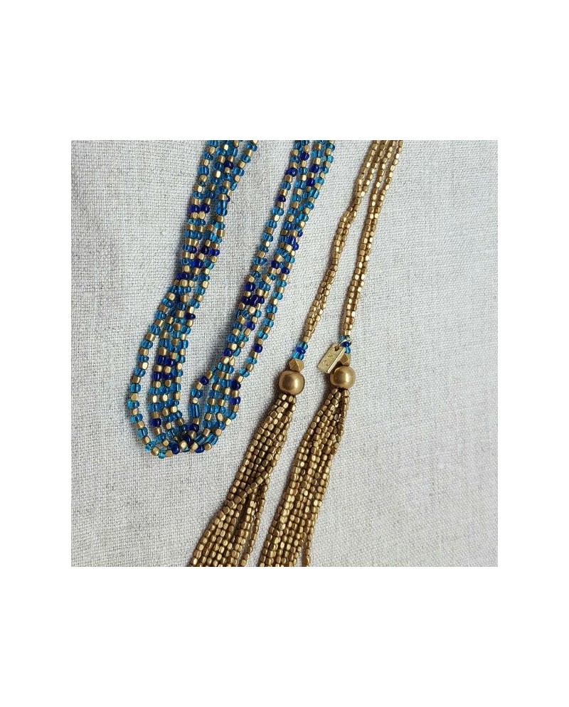 Sautoirs double perles naturelles coloris doré et bleu nuit