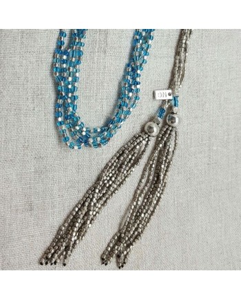 Sautoirs double perles naturelles coloris argent et turquoise