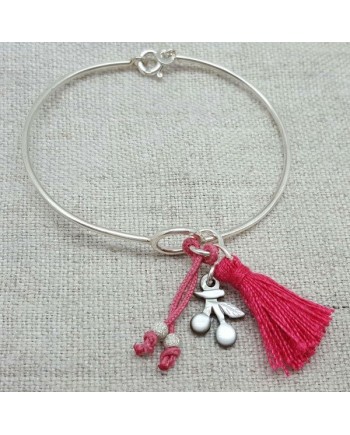 Bracelet jonc pompon Argent taille enfant coloris rose fushia
