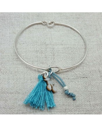 Bracelet jonc pompon Argent taille enfan coloris turquoise 