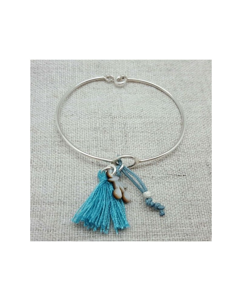 Bracelet jonc pompon Argent taille enfan coloris turquoise 