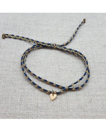 Bracelet double lien bleu et doré breloque coeur
