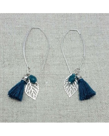 Boucle d'oreille argenté pompon et feuille coloris bleu canard