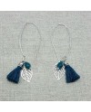 Boucle d'oreille argenté pompon et feuille coloris bleu canard