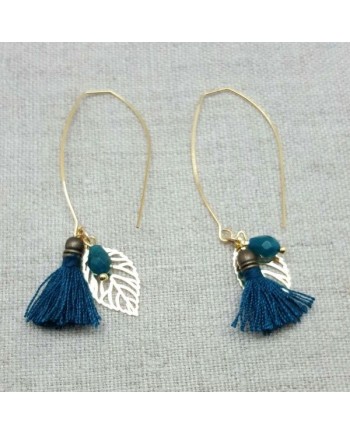Boucle d'oreille doré pompon et feuille coloris bleu canard