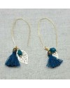 Boucle d'oreille doré pompon et feuille coloris bleu canard