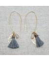 Boucle d'oreille doré pompon et feuille coloris gris