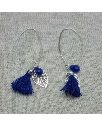 Boucle d'oreille argenté pompon et feuille coloris bleu vif