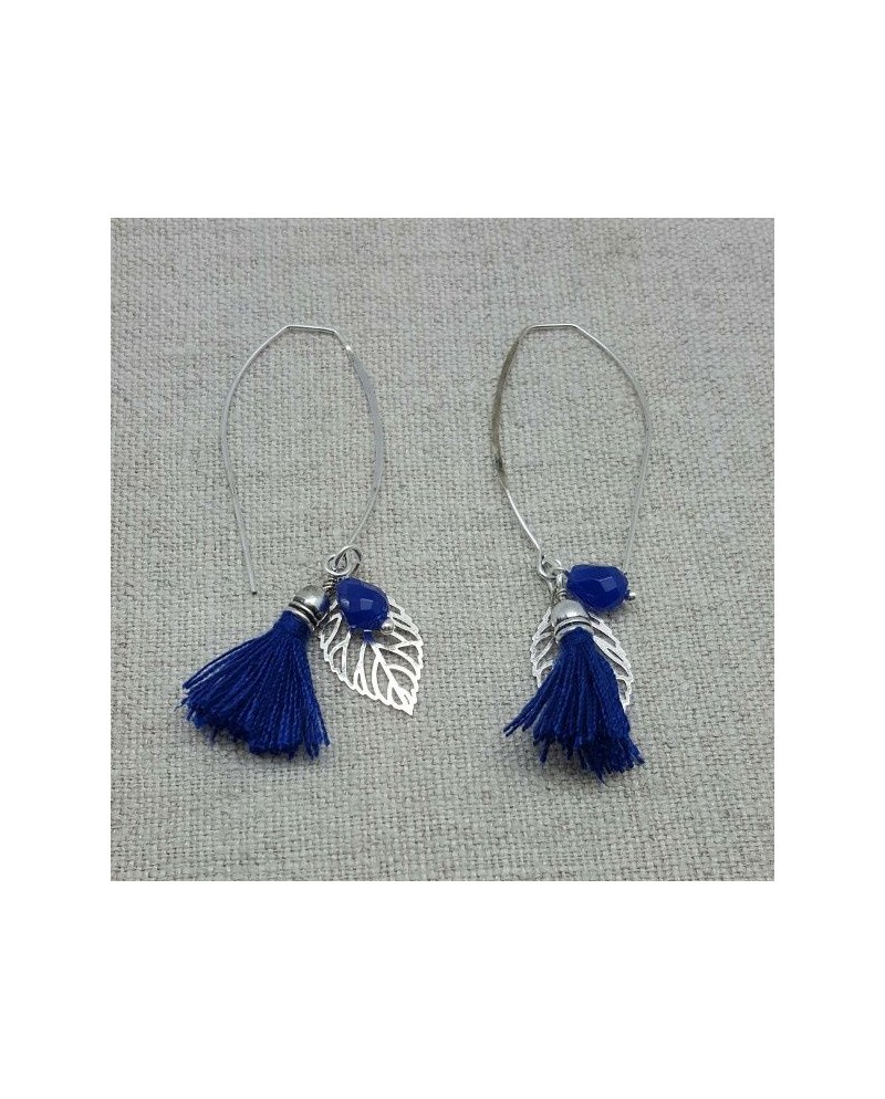 Boucle d'oreille argenté pompon et feuille coloris bleu vif