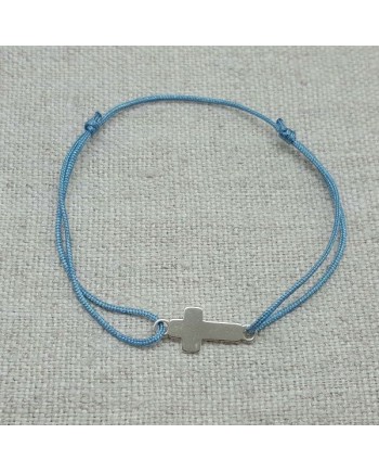 Bracelet religieux croix argent sur lien fin satiné coloré bleu