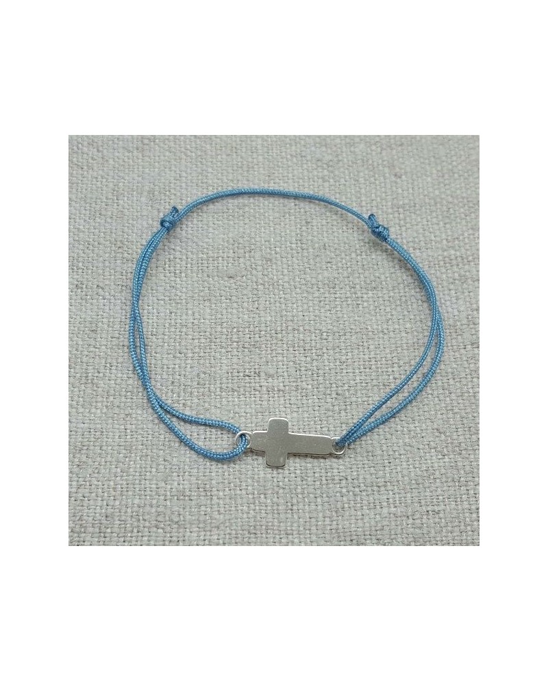 Bracelet religieux croix argent sur lien fin satiné coloré bleu