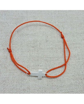 Bracelet religieux croix argent sur lien fin satiné coloré orange