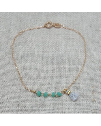 Bracelet chaine boule colorée turquoise avec pompon et chaîne fine plaqué Or