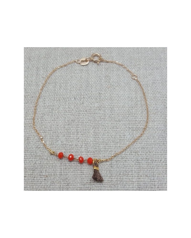 Bracelet chaine boule colorée orange avec pompon et chaîne fine plaqué Or