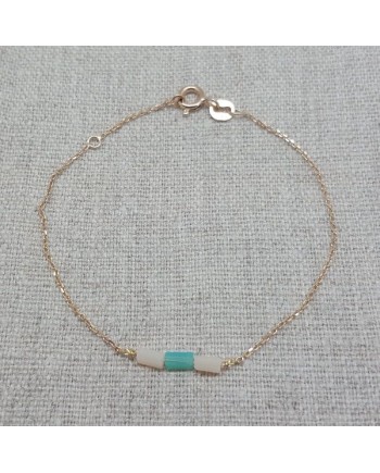 Bracelet chaîne plaqué Or et perles tubes colorées coloris turquoise
