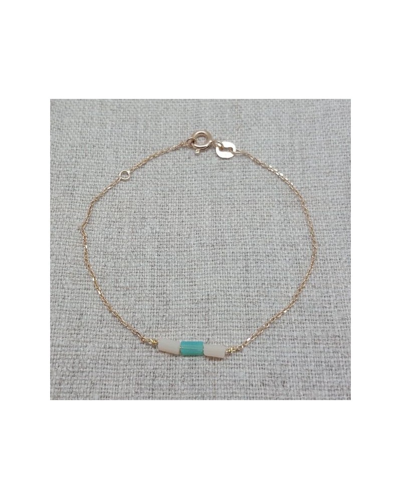 Bracelet chaîne plaqué Or et perles tubes colorées coloris turquoise