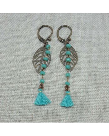 Boucles d'oreilles chaîne colorée et feuille laiton