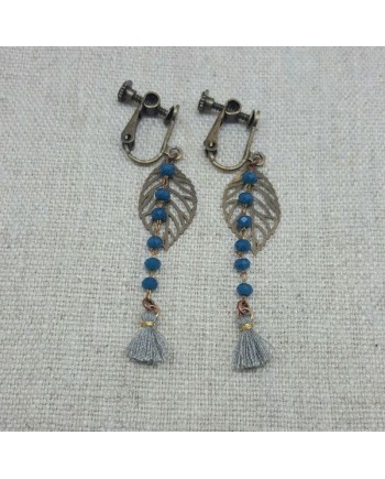 Boucles d'oreilles chaîne colorée et feuille laiton