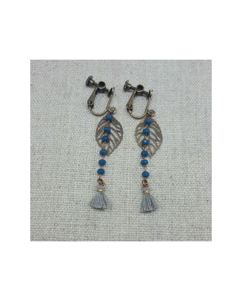 Boucles d'oreilles chaîne colorée et feuille laiton