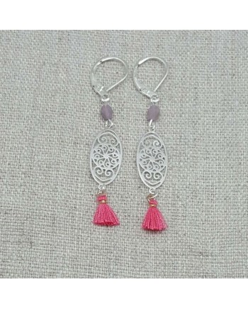 Boucles d'oreilles courtes arabesque argent et pompon