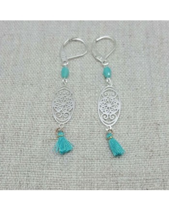 Boucles d'oreilles courtes arabesque argent et pompon