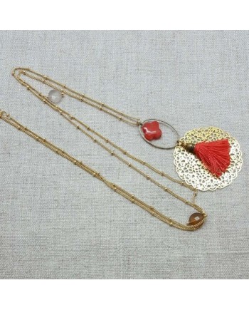 Sautoir sur chaîne perlée Plaqué Or motif rond