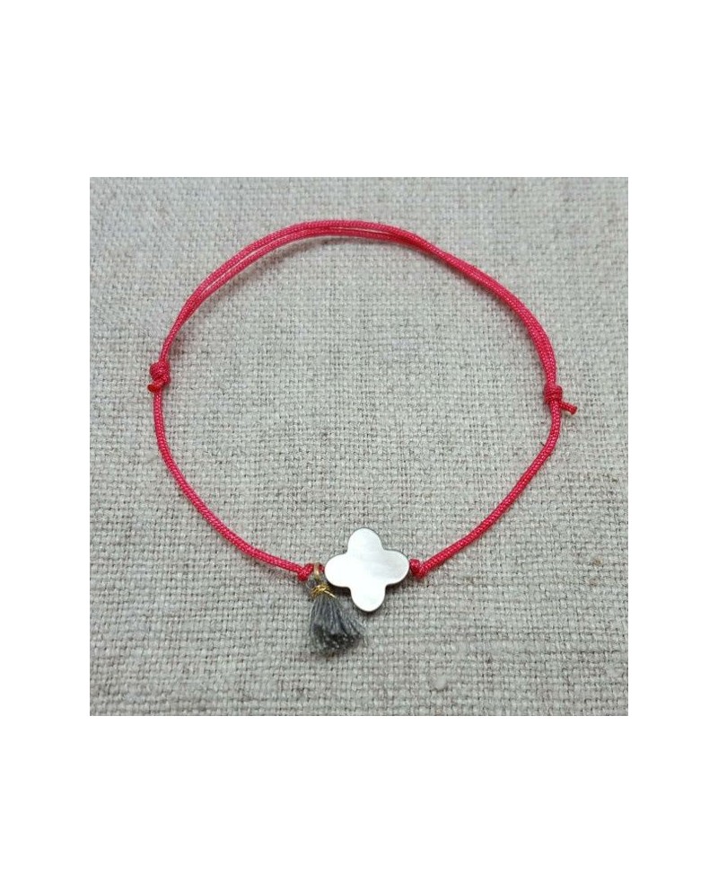Bracelet lien satiné fleur nacre et mini pompon