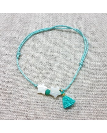 Bracelet lien satiné fleur nacre et mini pompon