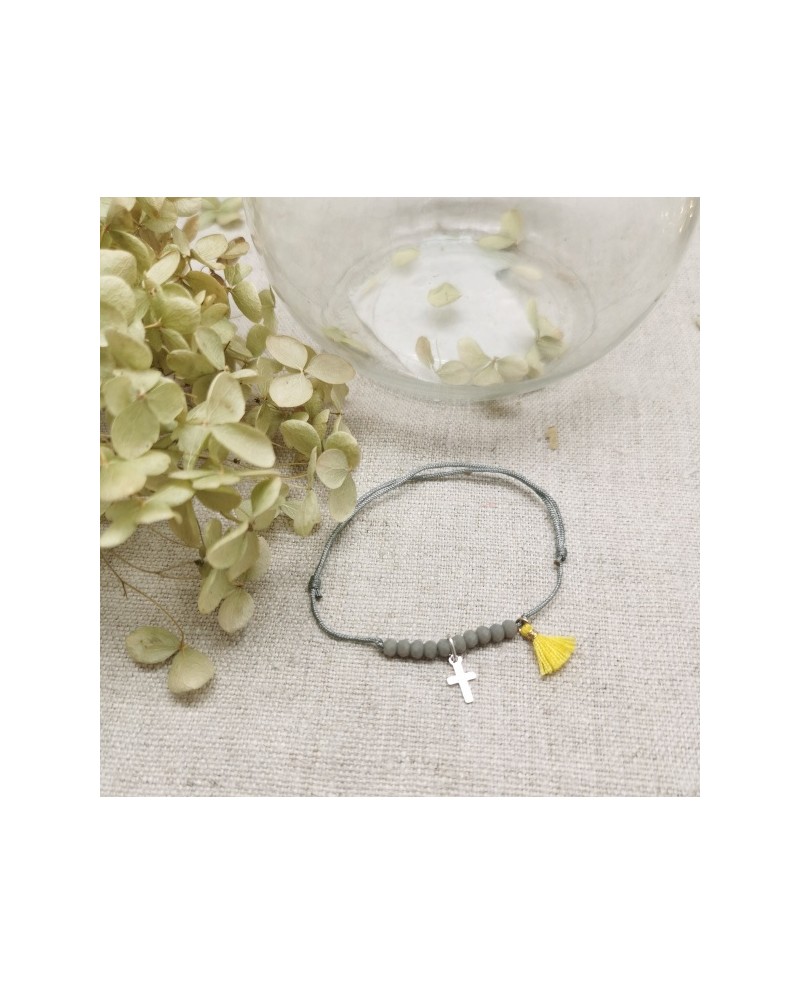 Bracelet dizainier croix argent et pompon