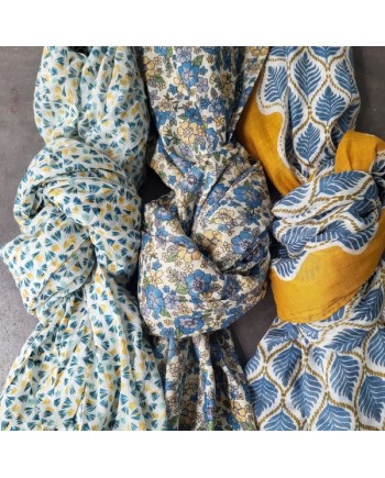 Foulard coton imprimé coloris bleu  jaune