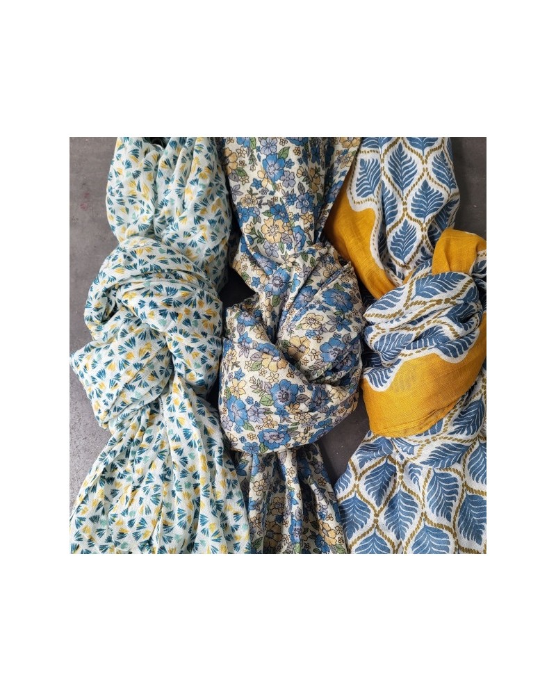 Foulard coton imprimé coloris bleu  jaune