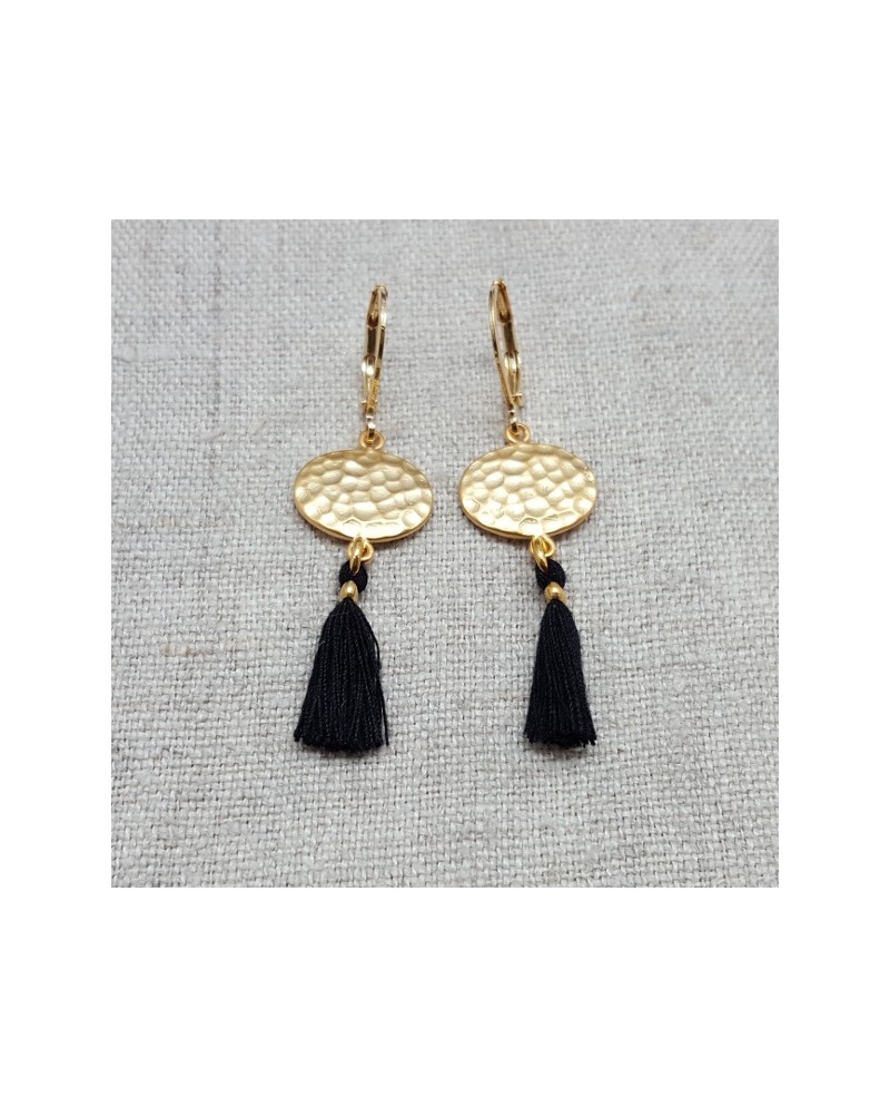 Boucles d'oreilles rond martelé et pompons colorés