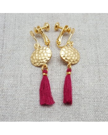 Boucles d'oreilles rond martelé et pompons colorés