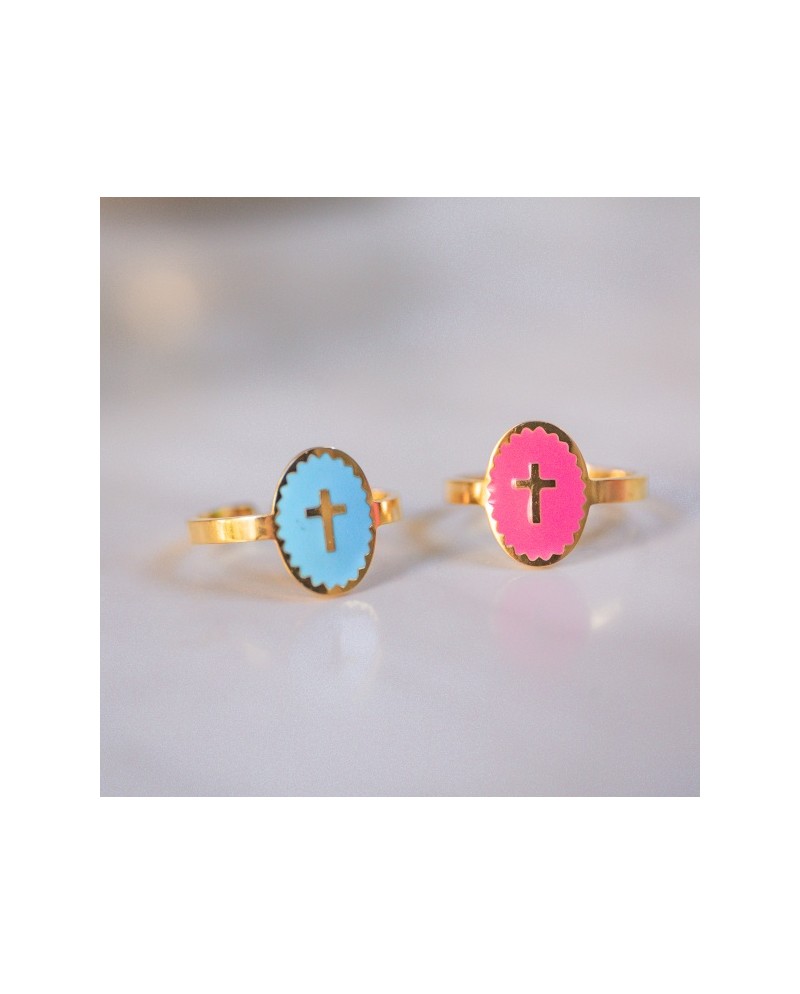 Bague émaillée colorée motif croix