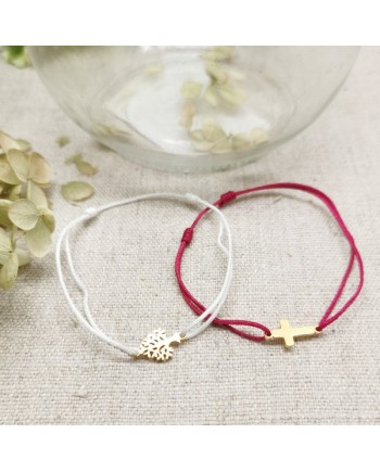 Bracelet croix ou arbre de vie doré sur lien fin