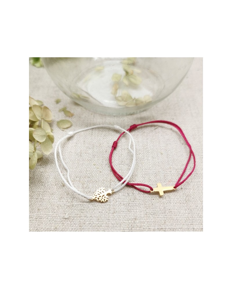 Bracelet croix ou arbre de vie doré sur lien fin