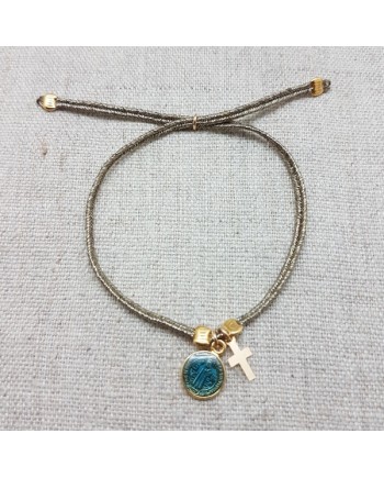Bracelet lien doré croix et médaille colorée plaqué Or