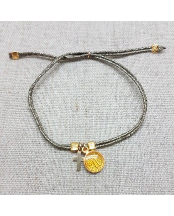 Bracelet lien doré croix et médaille colorée plaqué Or