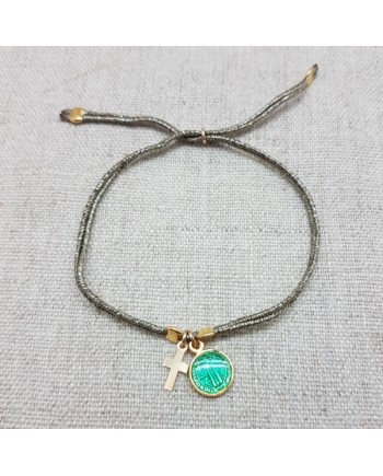 Bracelet lien doré croix et médaille colorée plaqué Or