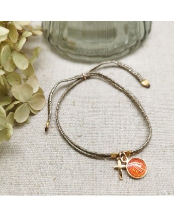Bracelet lien doré croix et médaille colorée plaqué Or