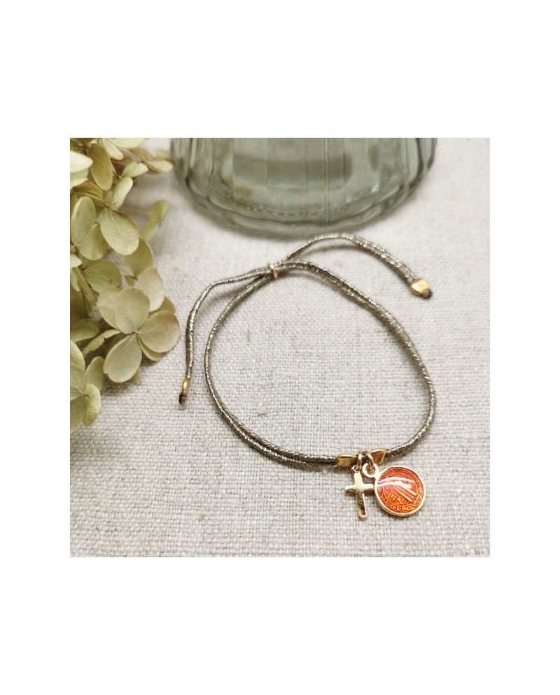 Bracelet lien doré croix et médaille colorée plaqué Or