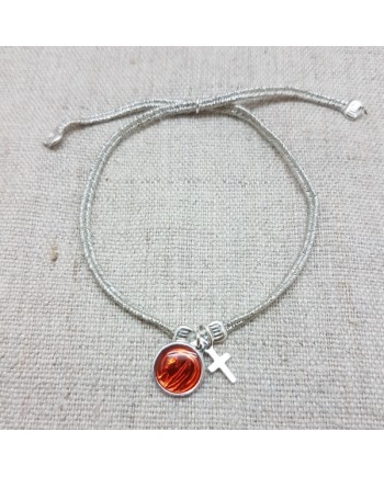 Bracelet lien argenté croix et médaille