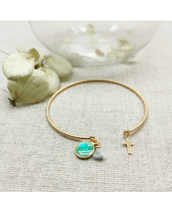 Bracelet jonc mat médaille colorée et croix plaqué Or