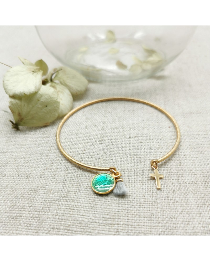 Bracelet jonc mat médaille colorée et croix plaqué Or